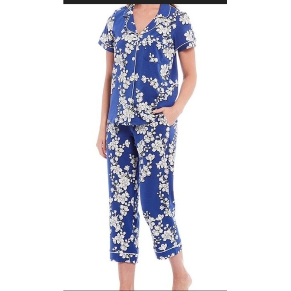 Bedhead Pajama Set Womens Medium Blue White Floral Short Sleeve Crop